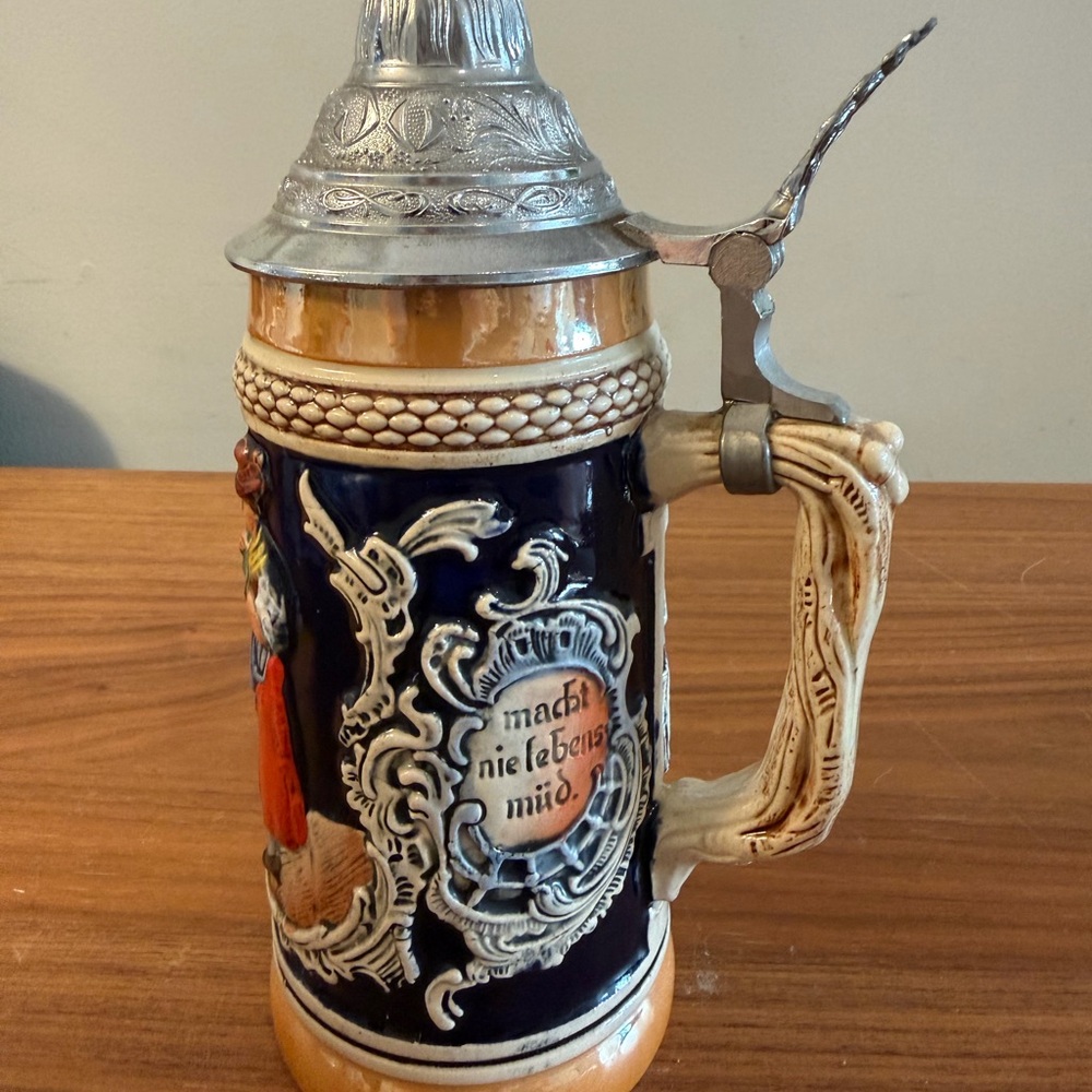 Ceramic German-Style Beer Stein in Navy and Cream